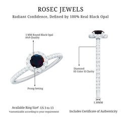 Genuine Black Opal Minimal Promise Ring with Diamond Halo