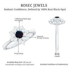 Black Opal and Diamond Flower Cluster Engagement Ring