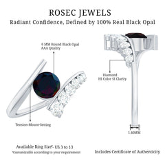 Round Black Opal Solitaire Bypass Ring with Diamond