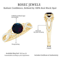 Natural Black Opal Crossover Engagement Ring with Diamond