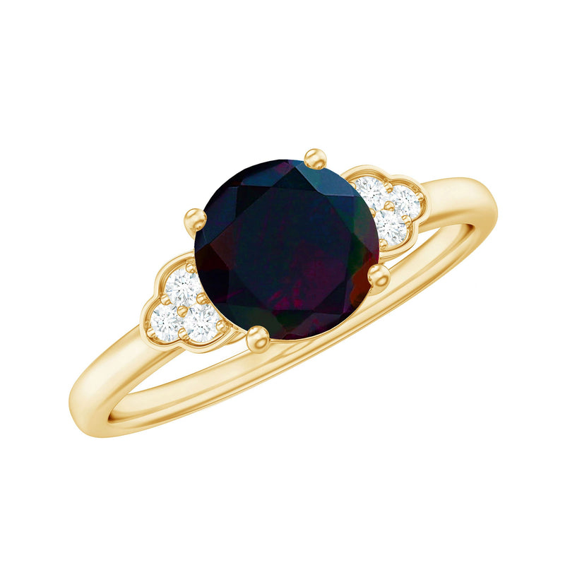 Real Black Opal Round Engagement Ring with Diamond Trio