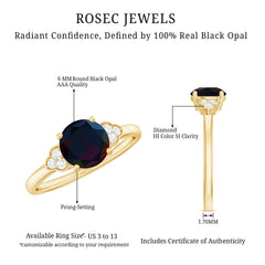 Real Black Opal Round Engagement Ring with Diamond Trio