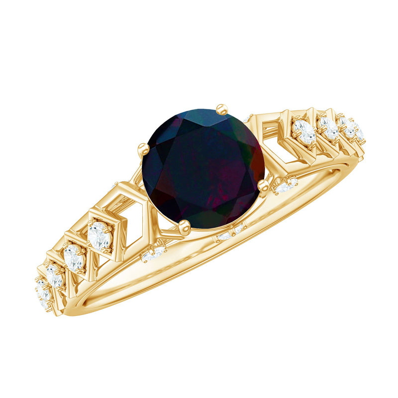 1 CT Round Black Opal Solitaire Art Deco Ring with Diamond