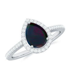 Pear Shape 1 CT Black Opal Engagement Ring with Diamond Halo