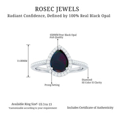 Pear Shape 1 CT Black Opal Engagement Ring with Diamond Halo