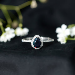 Pear Shape 1 CT Black Opal Engagement Ring with Diamond Halo