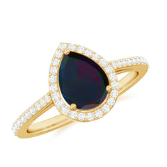 Pear Shape 1 CT Black Opal Engagement Ring with Diamond Halo