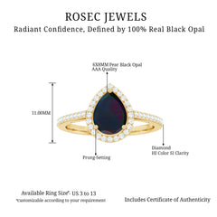 Pear Shape 1 CT Black Opal Engagement Ring with Diamond Halo