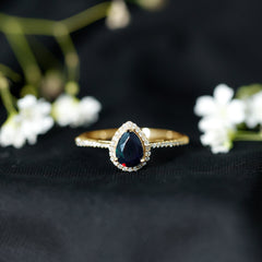 Pear Shape 1 CT Black Opal Engagement Ring with Diamond Halo