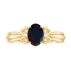 1 CT Oval Black Opal Solitaire Floral Ring with Diamond Accent