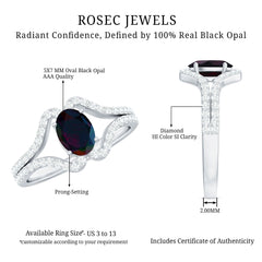 Oval Cut Black Opal and Diamond Split Shank Engagement Ring