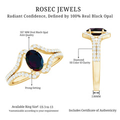 Oval Cut Black Opal and Diamond Split Shank Engagement Ring