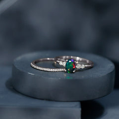 1 CT Black Opal and Diamond Oval Wedding Ring Set