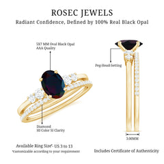 1 CT Black Opal and Diamond Oval Wedding Ring Set