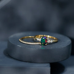 1 CT Black Opal and Diamond Oval Wedding Ring Set
