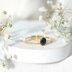 1 CT Black Opal and Diamond Oval Wedding Ring Set
