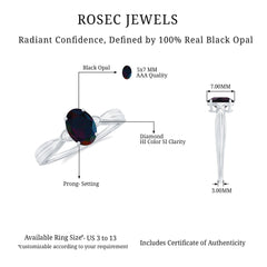 Oval Cut Natural Black Opal Designer Ring with Diamond