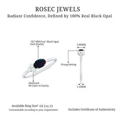Oval Black Opal East West Ring with Diamond Trio