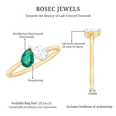 Certified Pear Shape Lab Grown Emerald Toi Et Moi Ring with Diamond