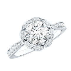 Certified Moissanite Designer Engagement Ring with Scalloped Halo
