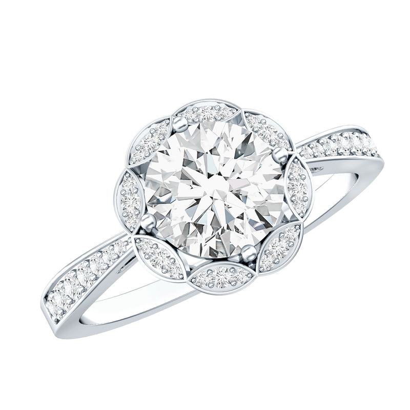 Certified Moissanite Designer Engagement Ring with Scalloped Halo