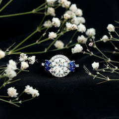 Certified Moissanite 3 Carat Engagement Ring with Lab Grown Blue Sapphire