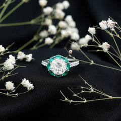 Certified 3 Carat Moissanite Designer Engagement Ring With Emerald
