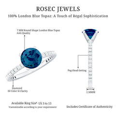 7mm Round London Blue Topaz Solitaire Ring with Diamond Side Stones