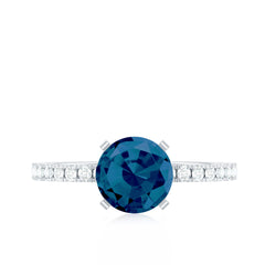 7mm Round London Blue Topaz Solitaire Ring with Diamond Side Stones