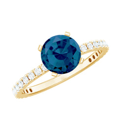 7mm Round London Blue Topaz Solitaire Ring with Diamond Side Stones