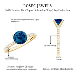 7mm Round London Blue Topaz Solitaire Ring with Diamond Side Stones