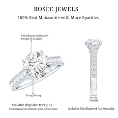 Certified 8 MM Moissanite Solitaire Engagement Ring With Side Stones