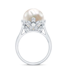 Floral Set Freshwater Pearl Solitaire Ring with Diamond Accent