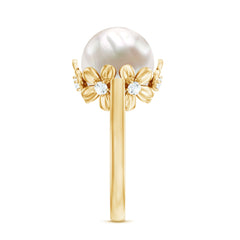 Floral Set Freshwater Pearl Solitaire Ring with Diamond Accent