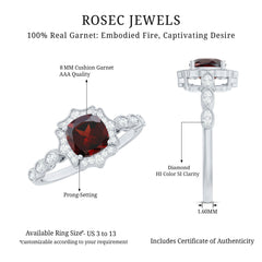 Vintage Looking 8mm Garnet Cushion Cut Engagement Ring with Diamond