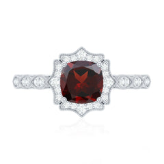 Vintage Looking 8mm Garnet Cushion Cut Engagement Ring with Diamond