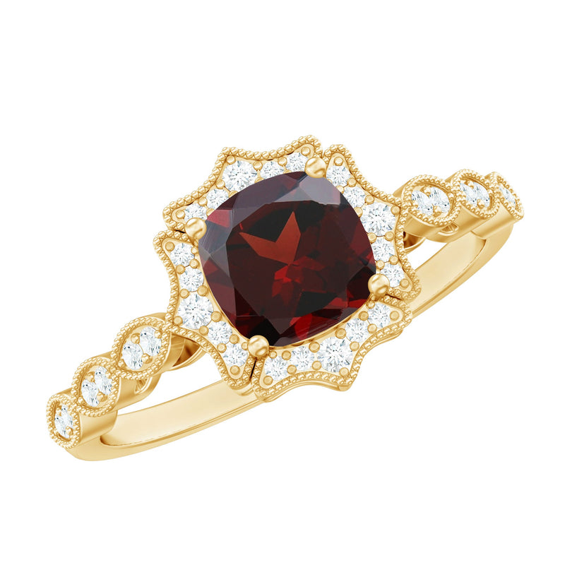 Vintage Looking 8mm Garnet Cushion Cut Engagement Ring with Diamond