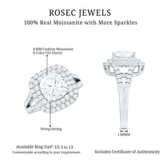 Certified Cushion Cut Moissanite Double Halo Engagement Ring