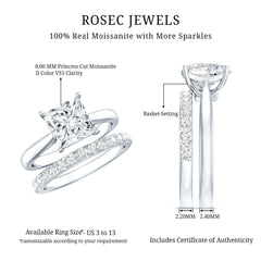 Certified Princess Cut Moissanite Solitaire Engagement Ring with Wedding Band