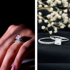 Certified Princess Cut Moissanite Solitaire Engagement Ring with Wedding Band