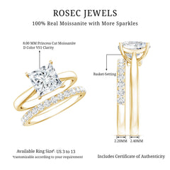 Certified Princess Cut Moissanite Solitaire Engagement Ring with Wedding Band