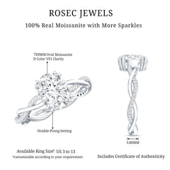 7X9 MM Certified Moissanite Oval Engagement Ring with Double Prong