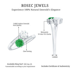 Emerald and Moissanite Two Stone Engagement Ring in Bypass Shank