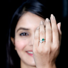 Emerald and Moissanite Two Stone Engagement Ring in Bypass Shank