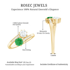 Emerald and Moissanite Two Stone Engagement Ring in Bypass Shank