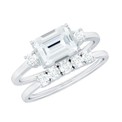 East West Emerald Cut Moissanite Engagement Ring & Wedding Band Set