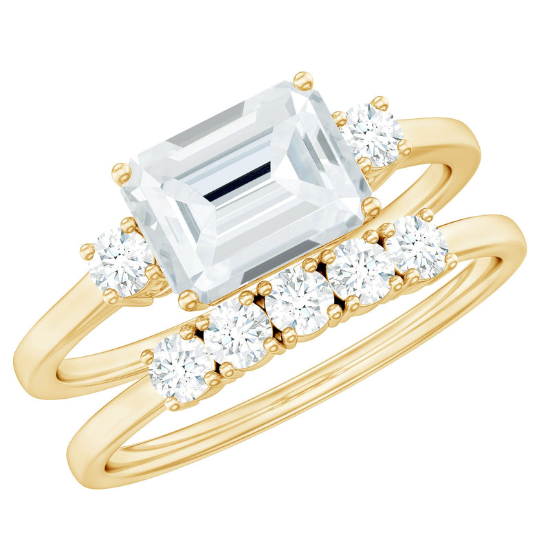 East West Emerald Cut Moissanite Engagement Ring & Wedding Band Set