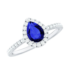 Certified 1.6 Carat Lab Grown Blue Sapphire Teardrop Engagement Ring with Diamond Halo