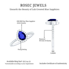 Certified 1.6 Carat Lab Grown Blue Sapphire Teardrop Engagement Ring with Diamond Halo