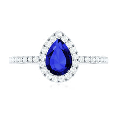 Certified 1.6 Carat Lab Grown Blue Sapphire Teardrop Engagement Ring with Diamond Halo
